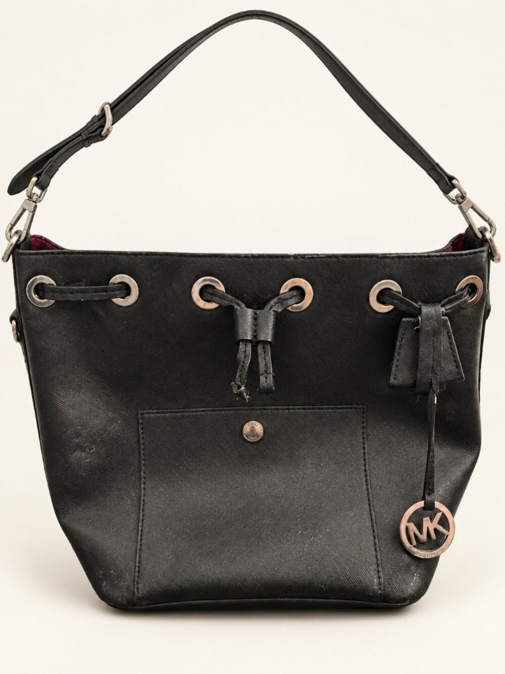 Michael Kors Black Drawstring Bucket Bag with MK Charm & Long Strap